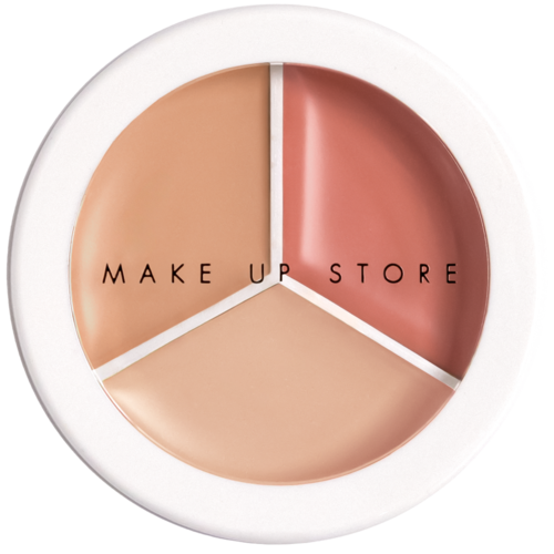 Een ronde make-up palette met drie tinten en de tekst 'MAKE UP STORE'.
