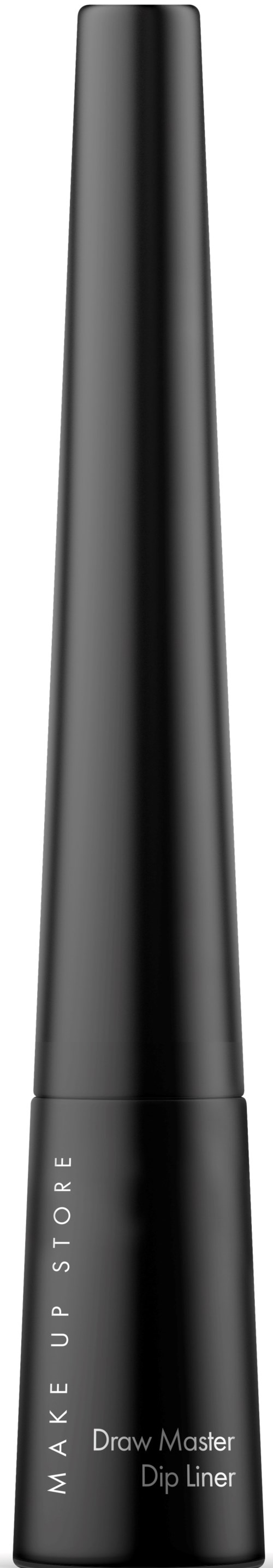 Ein schwarzes, längliches Make-up-Produkt mit der Aufschrift 'Draw Master Dip Liner' von MAKE UP STORE, elegant gestaltet.