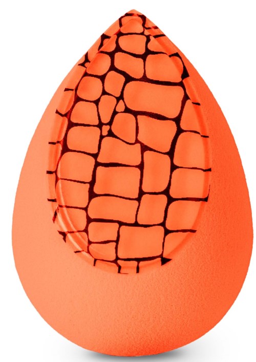 En ljus orange droppformad föremål med ett svart sprucket mönster inuti.
