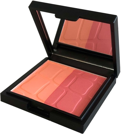 En sminkpalett med fire nyanser av rosa og orange, i en svart kompakt med speil.