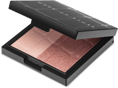 En makeup-palett med fyra rosa och bruna nyanser, i ett svart skal med lock.