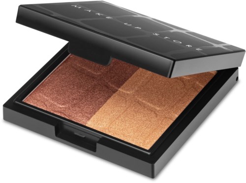 En komp makeup-palett med två nyanser av bronzer eller highlighter i ett svart fodral.