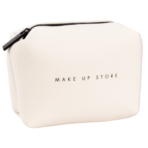 Witte make-up opbergzak met zwarte rits en de tekst 'MAKE UP STORE'.