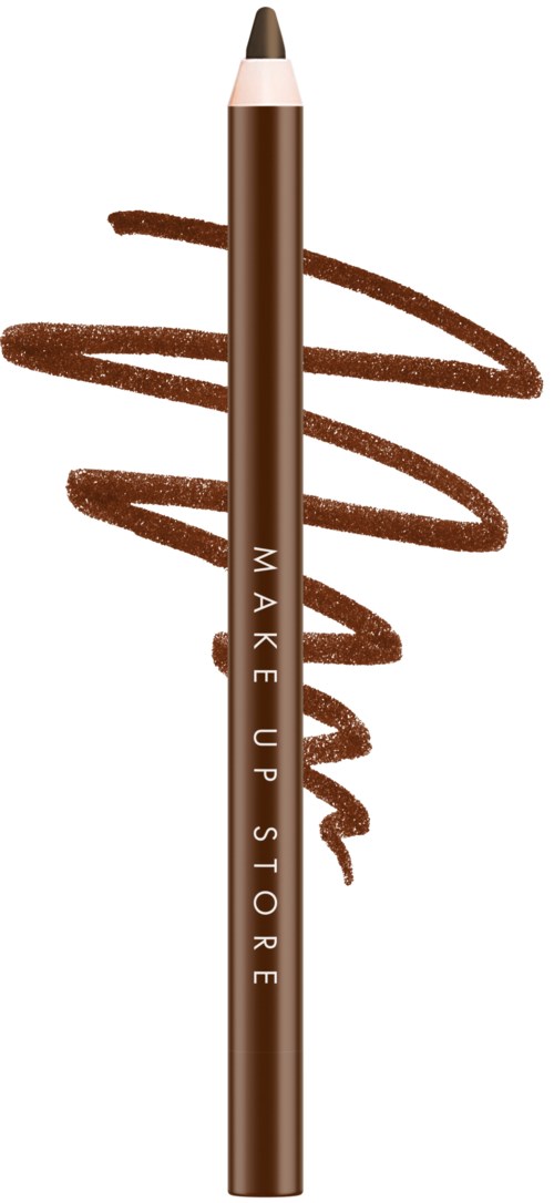 Ein brauner Make-up-Stift mit den Worten "MAKE UP STORE" darauf, mit einer gewundenen braunen Linie dahinter.