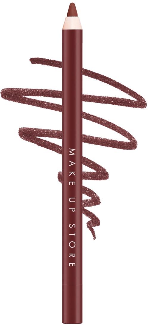 A brown lip liner pencil with the words "MAKE UP STORE" and a swirled lipstick line around it.