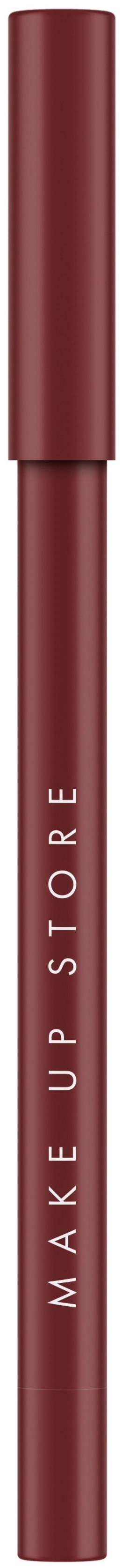 A red makeup pencil with the words "Make Up Store" written on it. It looks sleek and simple.