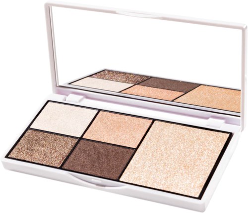 Een witte make-upest palette met zes verschillende tinten, sommige glanzend, sommige mat, en een spiegel in deksel.