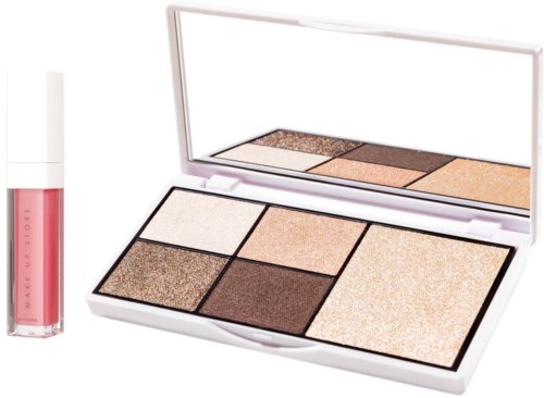 En makeuppalett med sex olika nyanser och ett rosa läppglans bredvid. Paletten har en spegel.