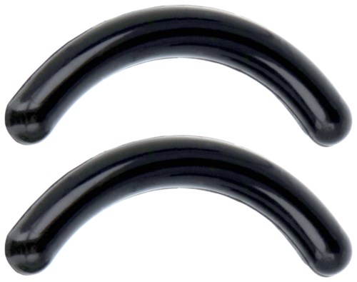 Zwei schwarze, gebogene Gegenstände, die wie Haken oder Clips aussehen.