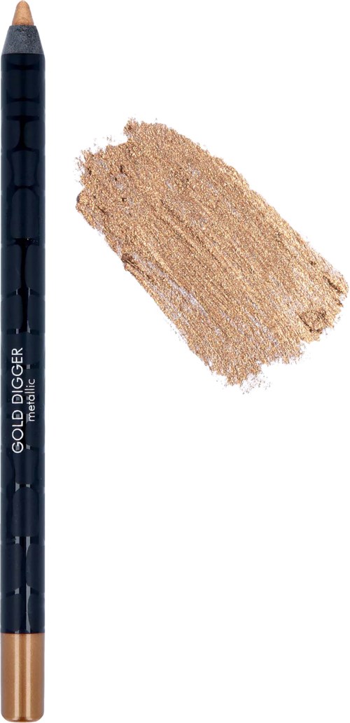 En brun sminkpenna märkt 'Gold Digger' med en svall av guldfärgad produkt bredvid.