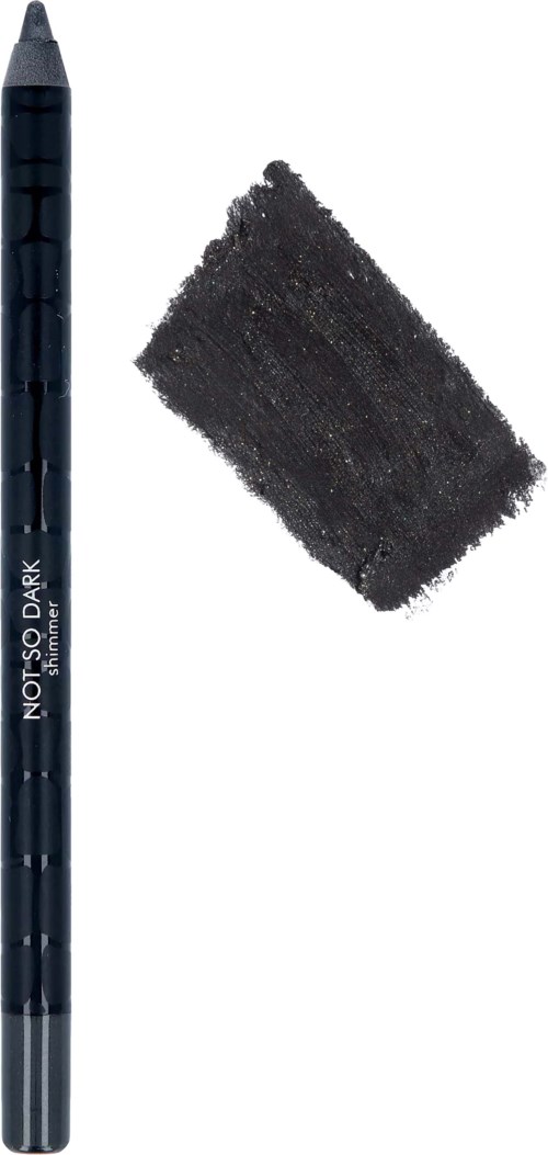 En svart eyelinerpenna med en smutsig spets och ett mörkt, texturerat prov bredvid.