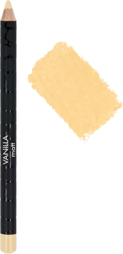 Svart penna märkt 'VANILLA' med en liten beige spets och ett beige färgprov bredvid.