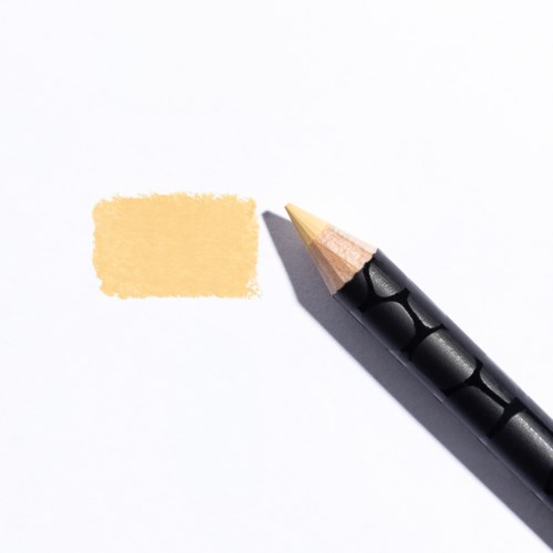 En svart penna med beige spets bredvid en beige färgklick på vitt papper.