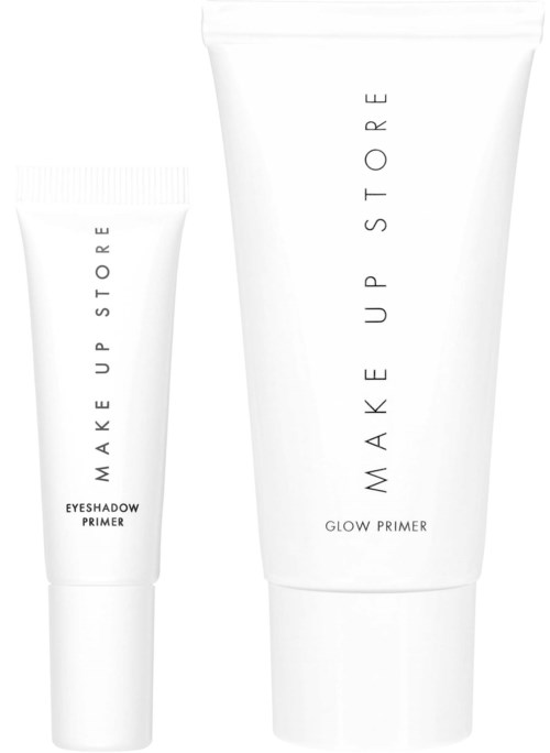 Twee witte tubes met de tekst "Make Up Store" en "Glow Primer" en "Eyeshadow Primer".