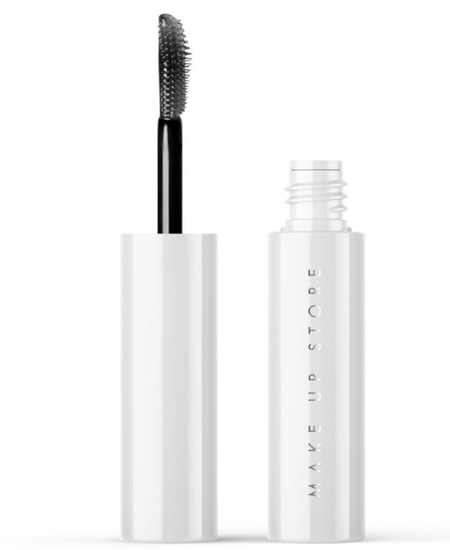 Eine weiße Tube mit MAKE UP STORE geschrieben, geöffnet mit Wimperntuschebürste. 