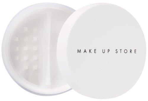Ein runder weißer Behälter mit Deckel, auf dem 'MAKE UP STORE' steht. Innen sind kleine Fächer für Kosmetik.