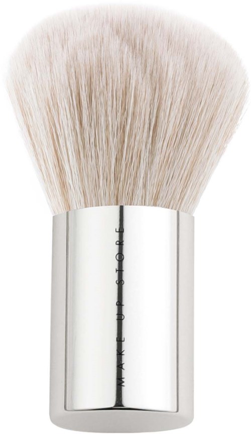 A makeup brush with white bristles and a shiny silver handle.