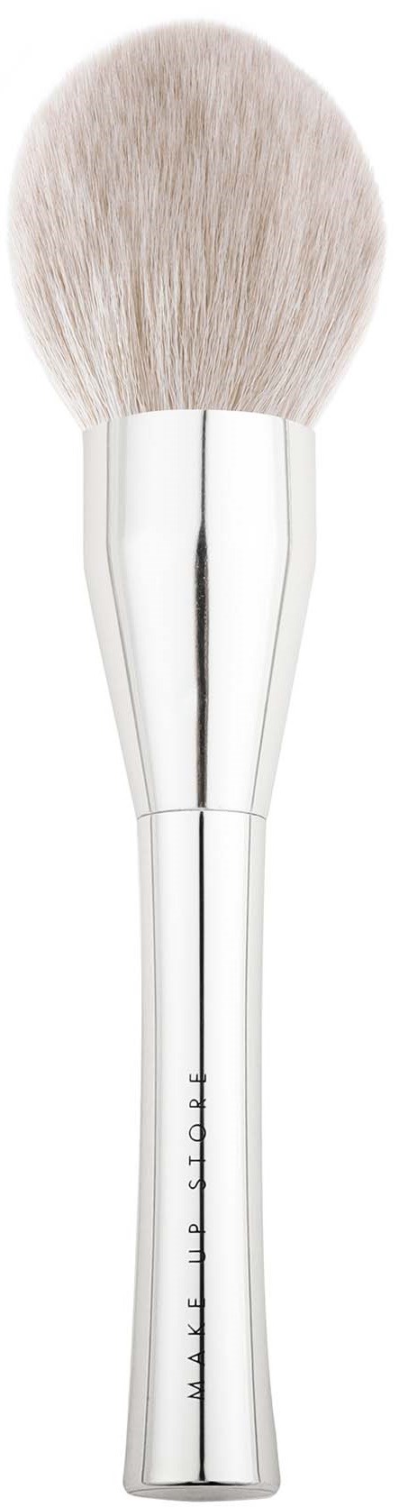 A white makeup brush with soft bristles and a silver handle.