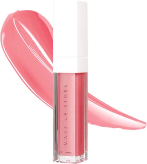 Een lipglossfles met witte dop en roze kleur, met een roze hartvormige grafiek op de achtergrond.