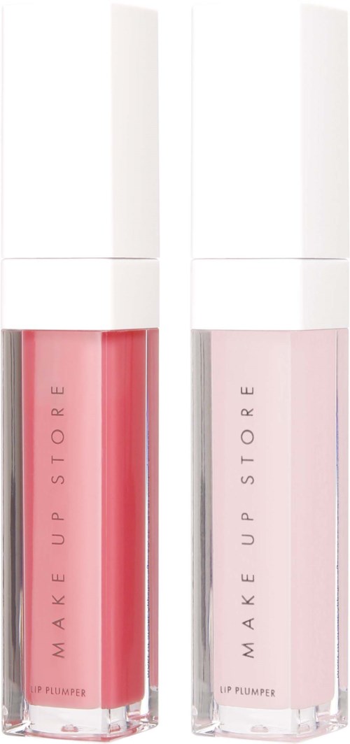 Twee lipglosshalsjes, één roze en één lichtroze, met label 'Make Up Store Lip Plumper'.