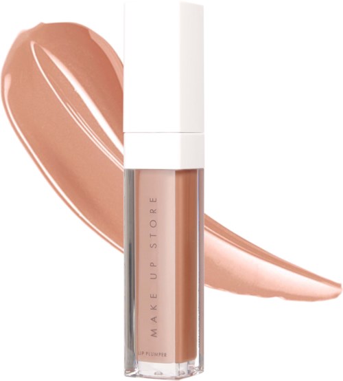 Een lipglossverpakking met beige make-up erachter.