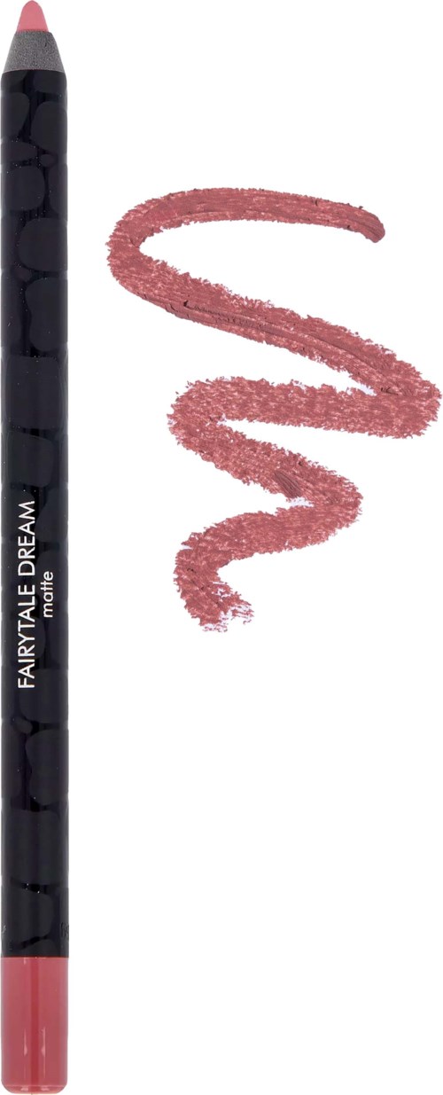 En svart läppennan som heter "FAIRYTALE DREAM", med rosa tips och en slinga av rosa läppfärg.