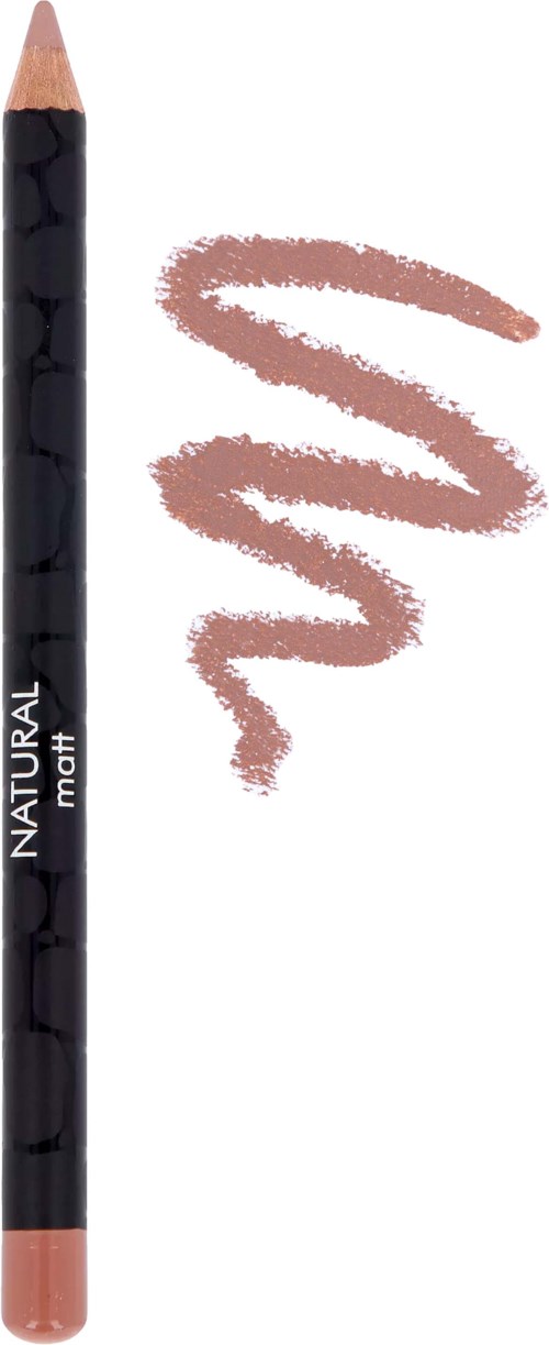 En svart läpppenna märkt "Natural" och "matt" med en rosa-brun skugga bredvid.