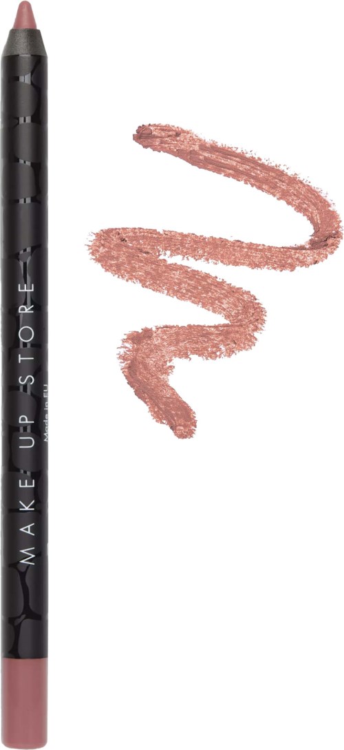 Een zwarte make-up potlood met een roze punt, met een roze make-uplijn op een witte achtergrond.