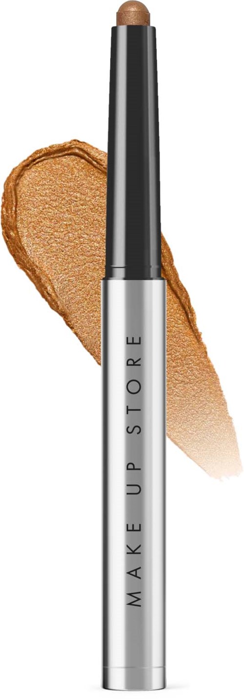 Een make-uppotlood met een beige punt, gemarkeerd 'MAKE UP STORE', wordt gecombineerd met een bruine make-up swatch.