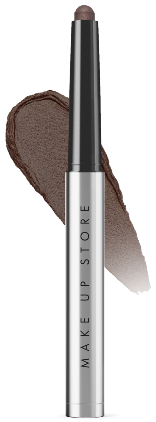Meikkituote jossa ruskea silmävari ja teksti MAKEUP STORE hopeanvärisessä runkossa.
