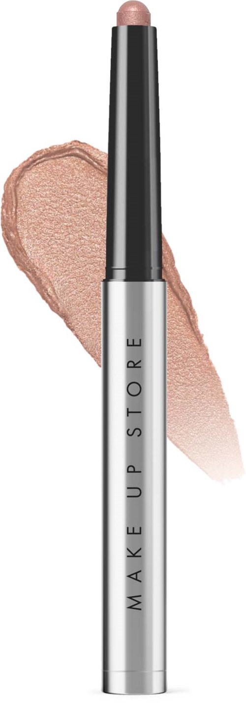 A makeup stick with a light pink tip and a silver body, positioned against a swatch of beige makeup.