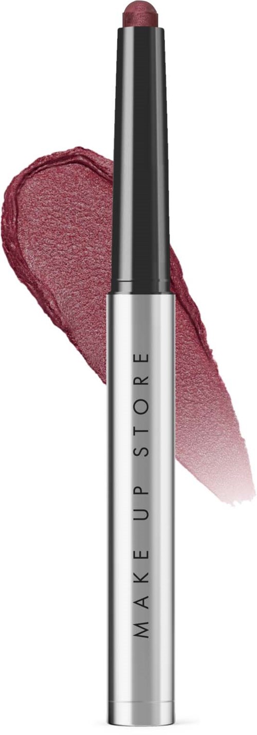 Een lippenstift met zilveren en zwarte body, staat rechtop met roze lippenstift en een vlek erachter.
