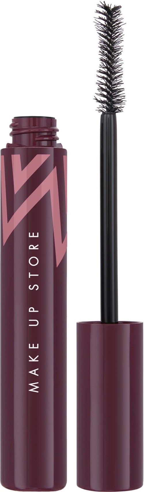 Ein dunkeloranges Mascara-Tube mit einem schwarzen Bürstenapplikator, Aufschrift sagt MAKE UP STORE.