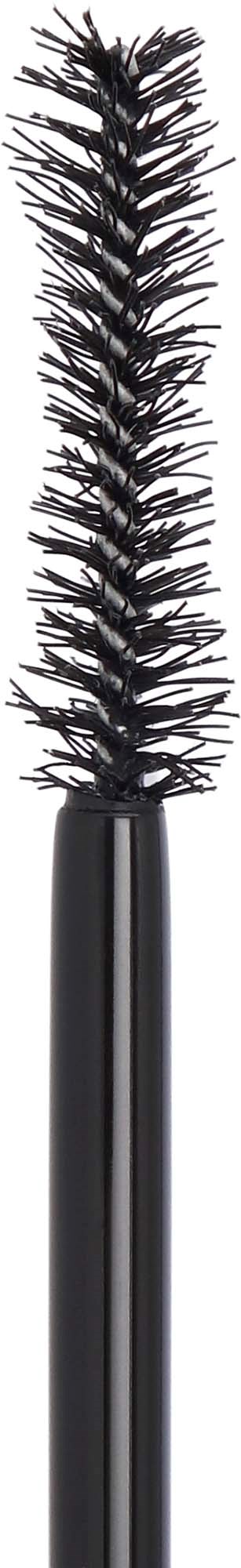 Eine lange dünne Mascara-Bürste mit schwarzen Borsten und schwarzem Griff.