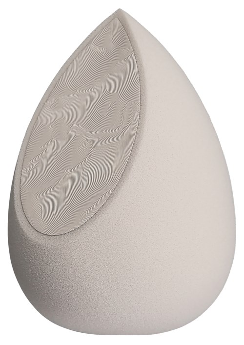 A white, teardrop-shaped speaker with a patterned top surface.