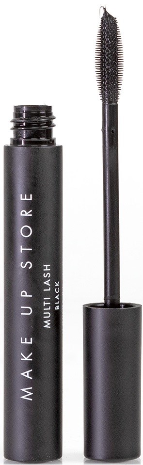 Een zwarte mascara-tube met een borstel die ernaast ligt, gemarkeerd 'MAKE UP STORE MULTI LASH MAX'.