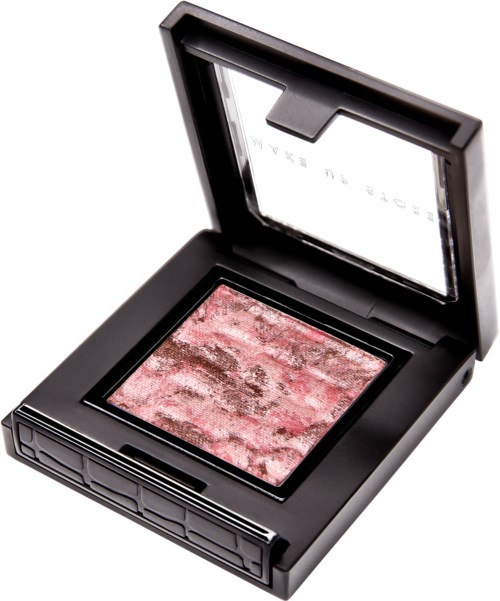En makeup-compact med rosa och bruna rouge inuti, och en spegel på locket, öppet och klart att använda.