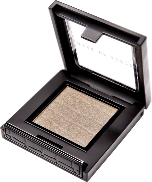 Ett kompakt makeuprefillbehör med beige ögonskugga. Det har en spegel i locket och flera små förvaringsutrymmen.