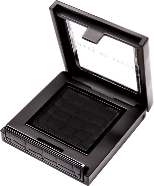 Een zwart oogschaduwpalette met spiegel, met verschillende donkere tinten in vierkante bakjes.