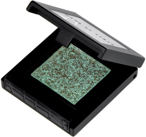 En makeuppalett med spegel och grönt glitterögonskugga inuti.