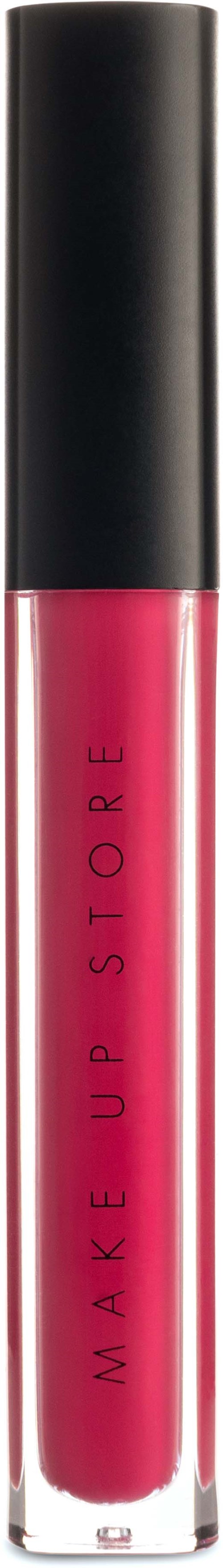 En rosa flytande läppglans i ett genomskinligt rör med svart lock, märkt "MAKE UP STORE".