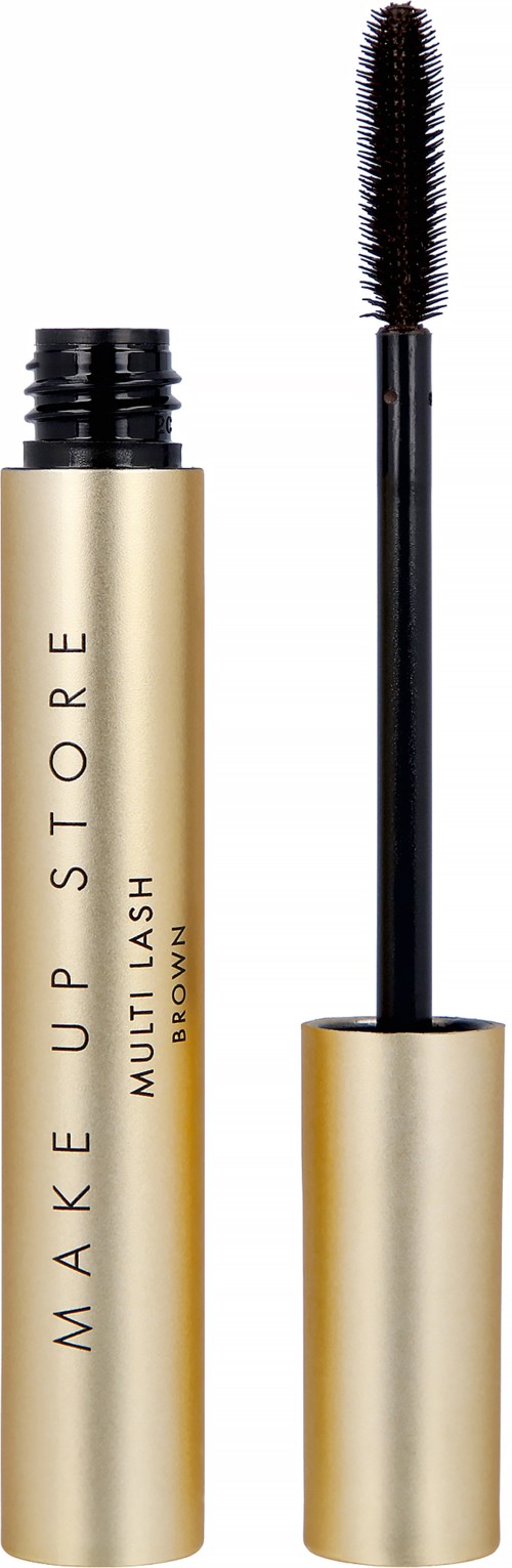 Een mascara-tube met de tekst 'Make Up Store Multilash Brown', met de spons ernaast met zwarte mascara op wimpers.