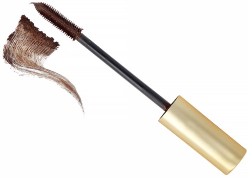 A mascara wand with brown mascara and a brush stroke sample on a white background.