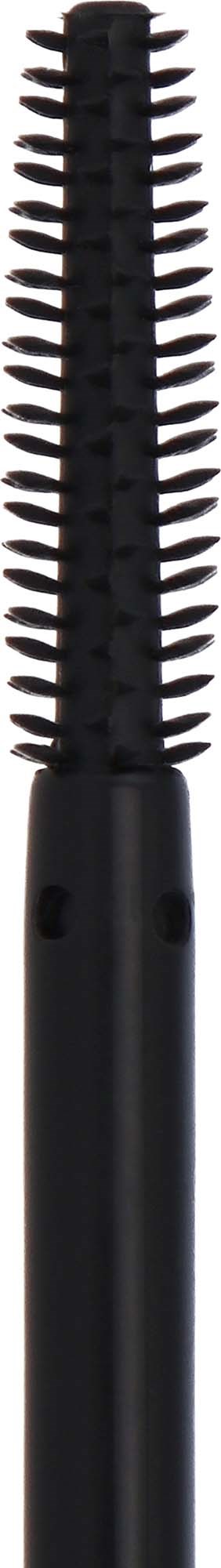Eine schwarze runde Haarbürste mit langen, gleichmäßig verteilten Borsten und einem Griff. Sie steht auf einem schwarzen Hintergrund.
