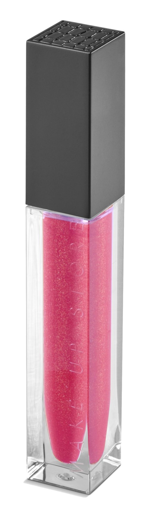 En lång rektangulär transparent behållare med rosa läppglans och svart lock ovanpå.
