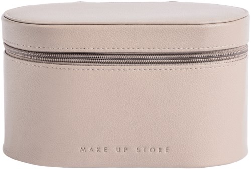 Een beige ovale make-up opbergdoos met een ritssluiting en de tekst 'Make Up Store'.