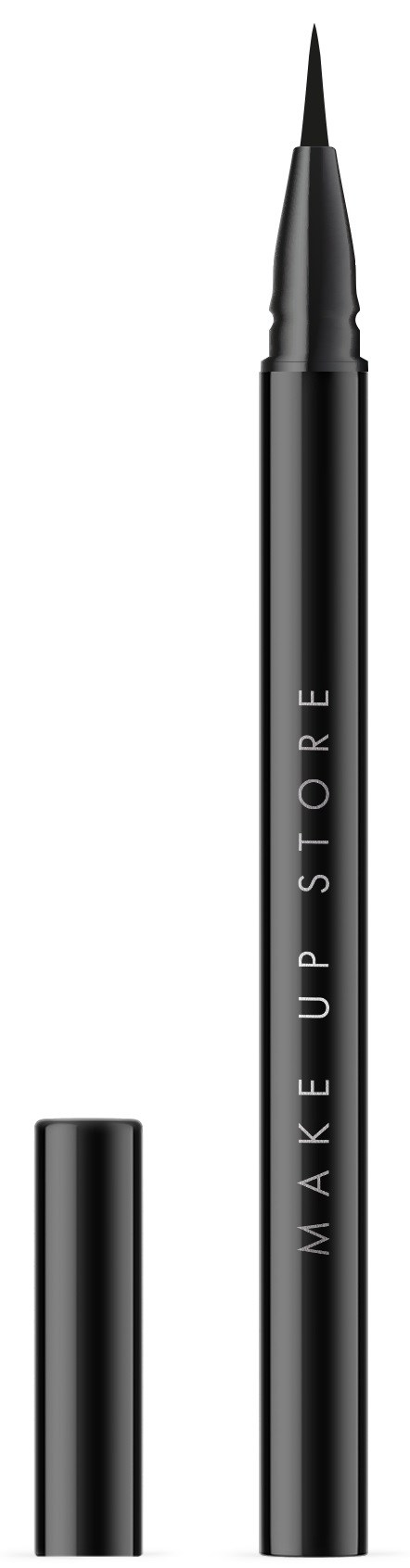 Een zwarte vloeibare eyeliner pen met een dunne, spitse punt en de tekst "MAKE UP STORE" op de body.