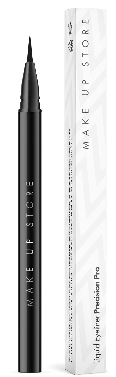 Een zwarte vloeibare eyeliner pen naast de witte verpakking, met de tekst 'MAKE UP STORE' op beide.