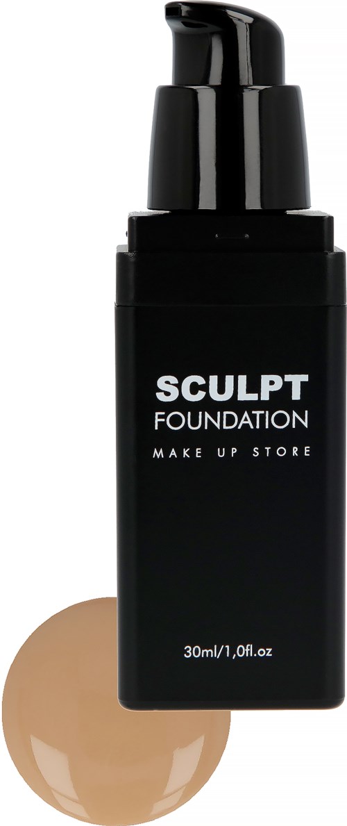 Svart flaska märkt 'Sculpt Foundation' med pump, och en beige foundation under.
