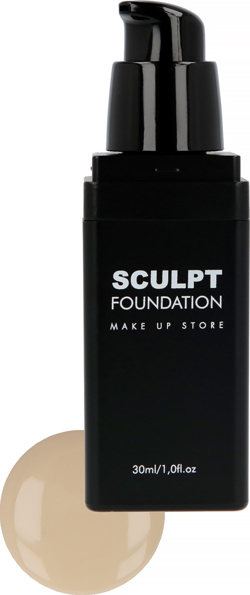 En svart flaska märkt 'Sculpt Foundation' med pump, och en liten pöl av beige vätska.